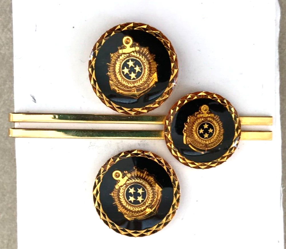 Vintage US Navy Anchor Four Stars Goldtone Brass Cuff Links Tie Clip Set
